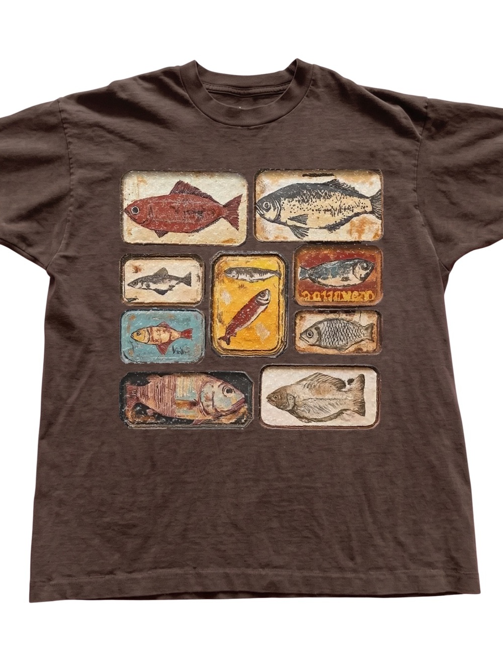 Gildan Brown Tee with Multicolor Fish Panel Graphic, Gift For Her, Gift For Him